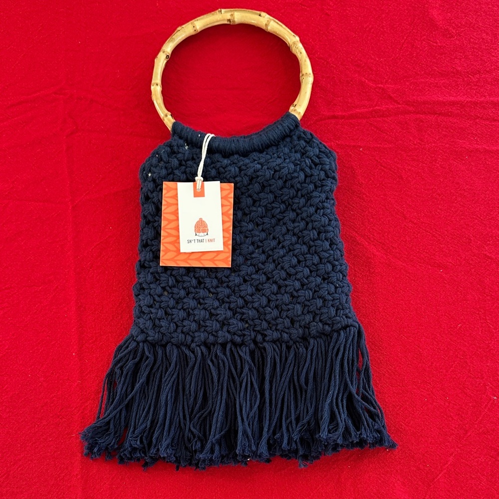 Handmade (in Peru) Navy Blue Crocheted Bag with Bamboo Handle NWT